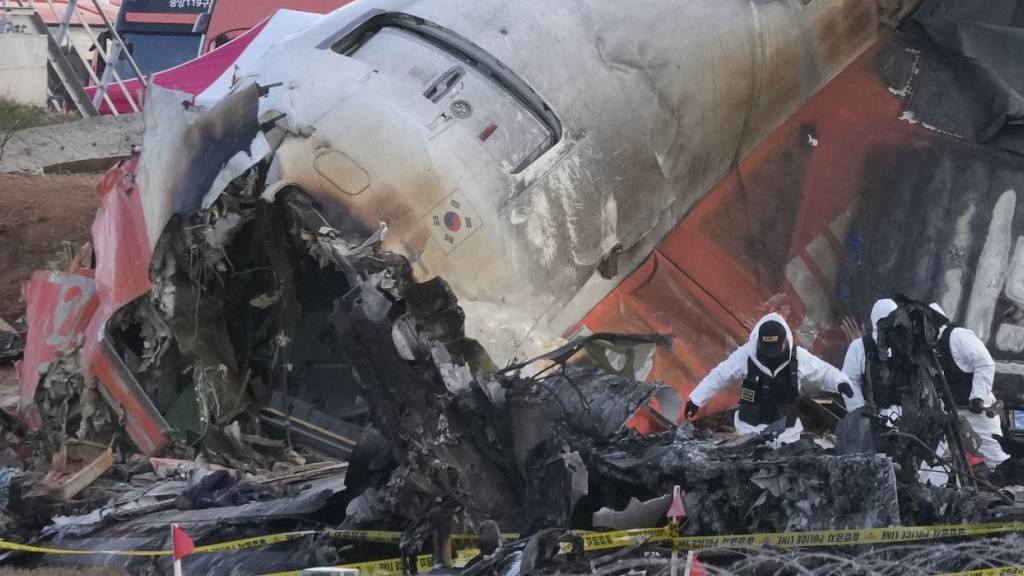 dpatopbilder - Einsatzkräfte der Polizei arbeiten an der Absturzstelle des Flugzeugs. Foto: Ahn Young-joon/AP/dpa