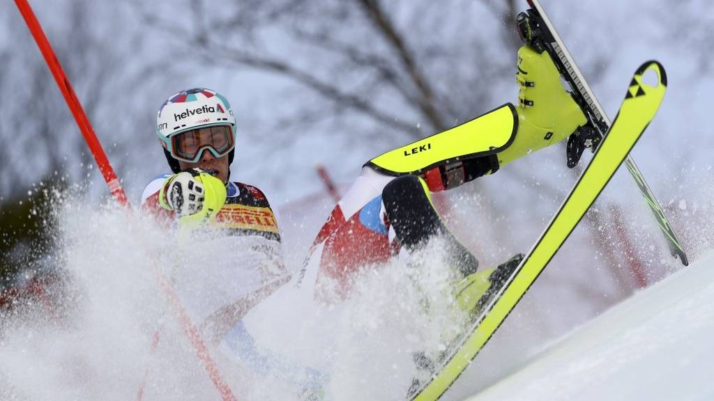 Switzerland's Daniel Yule falls during the men's slalom, at the alpine ski World Championships in Are, Sweden, Sunday, Feb. 17, 2019. (AP Photo/Alessandro Trovati)