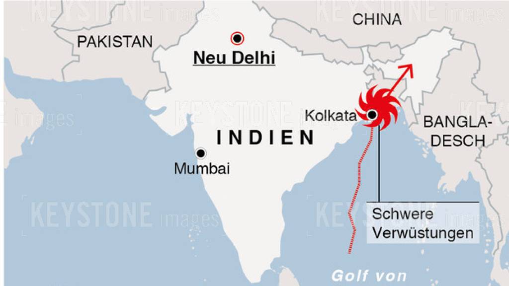 Nach dem heftigen Wirbelsturm «Amphan» mit mindestens 95 Toten hat Indiens Premier Narendra Modi Hilfen in Höhe von 10 Milliarden Rupien (rund 128 Millionen Franken) angekündigt.