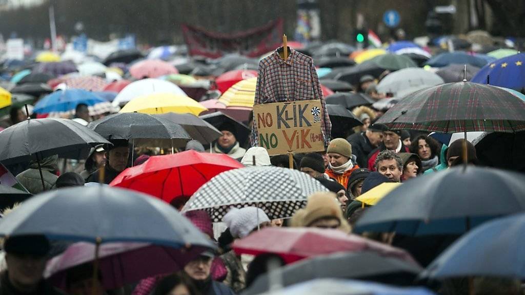 Dem Regen getrotzt: Tausende gingen in Budapest gegen die Bildungsreform der Regierung auf die Strasse.