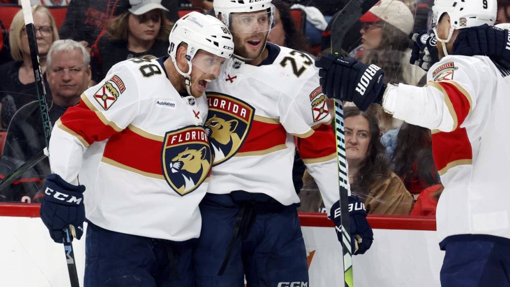 Die Spieler der Florida Panthers freuen sich über den zweiten deutlichen Sieg bei den Hurricanes