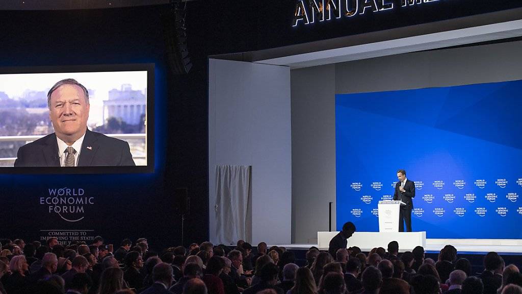 US-Aussenminister Michael Pompeo hat sich in einer Videoschaltung zum Weltwirtschaftsforum in Davos vorsichtig optimistisch zu den Handelsgesprächen mit China geäussert. (KEYSTONE/Gian Ehrenzeller)