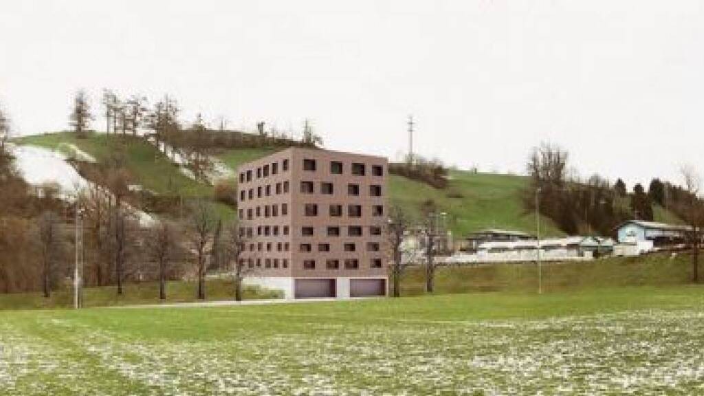 Die Visualisierung zeigt eine mögliche Geometrie des Ersatzneubaus der Asylunterkunft beim hinteren Teil der Sportanlage Luterbach in Küssnacht.