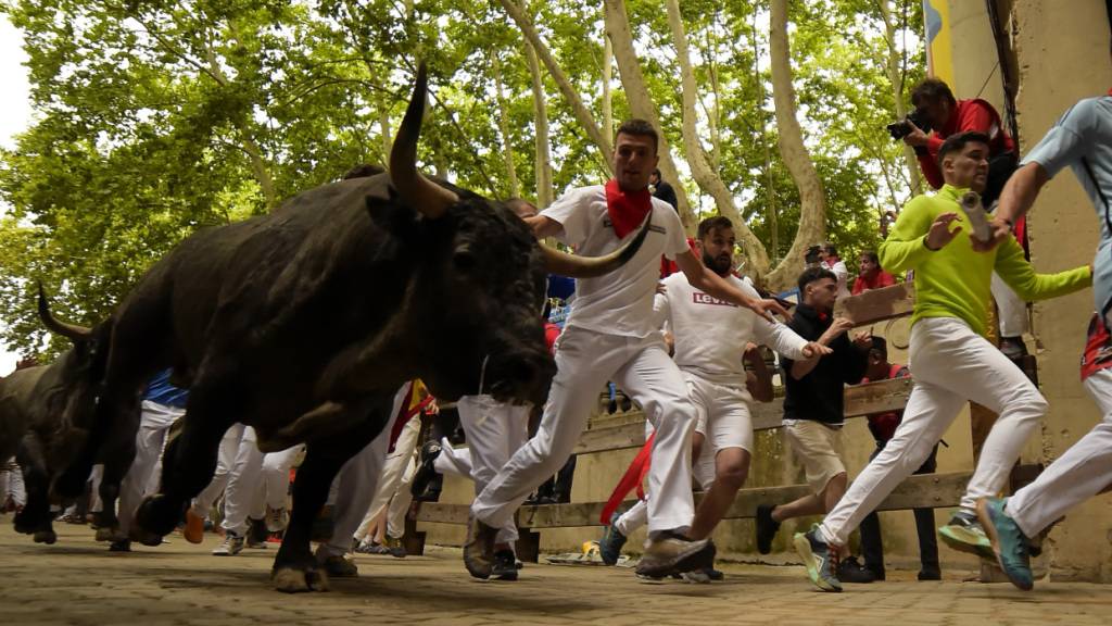 ARCHIV - M‰nner laufen w‰hrend des siebten Tages des Stiertreibens bei den San FermÌn Fiestas durch die Straflen des Ortes. Foto: Alvaro Barrientos/AP/dpa