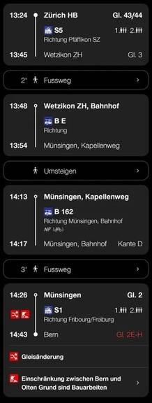 Der vorgeschlagene Reiseweg in der SBB-App.