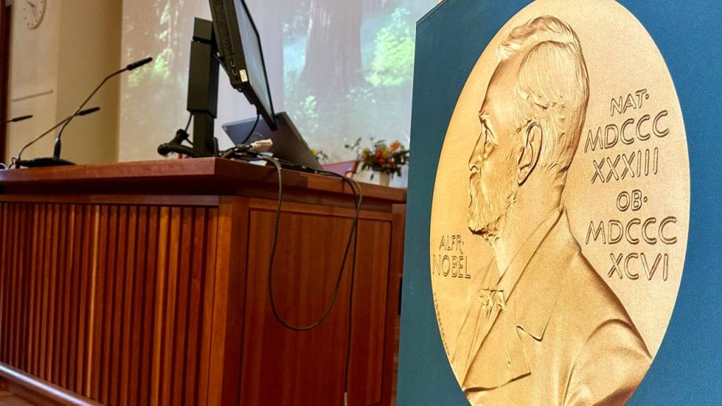ARCHIV - Ein Abbild der Nobelmedaille ziert das Rednerpult, an dem in Kürze bekanntgegeben wird, wer den diesjährigen Medizin-Nobelpreis erhält. Foto: Steffen Trumpf/dpa