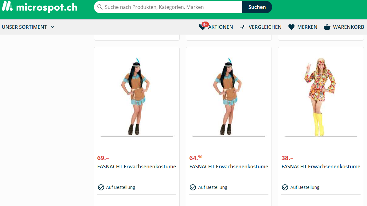 Screenshot von sexistischen Fasnachtskostümen bei Microspot