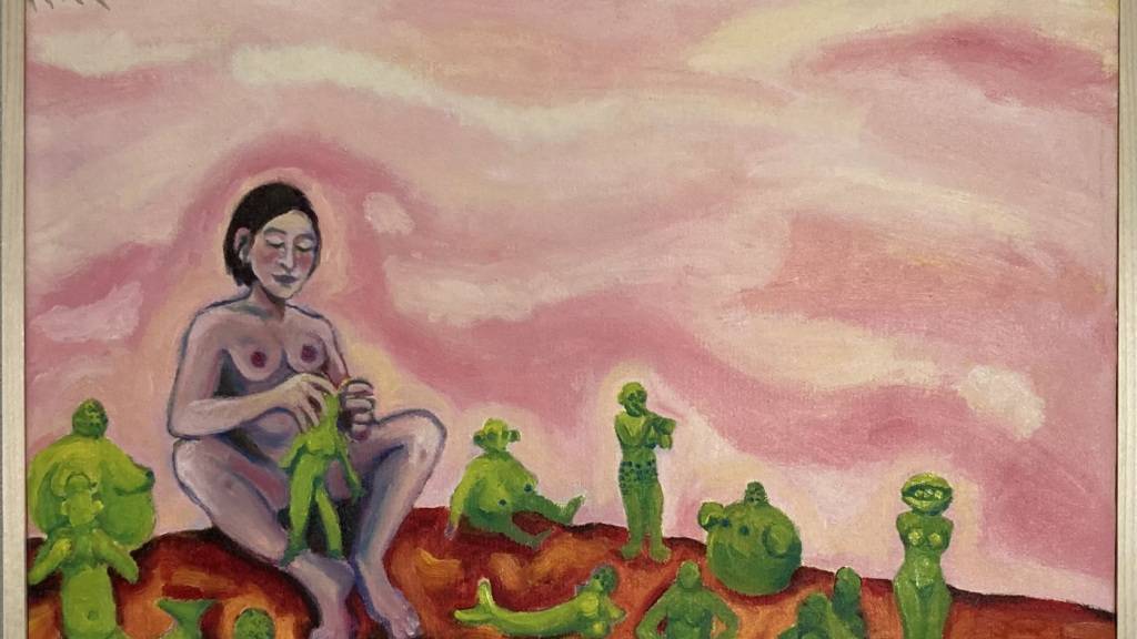 «Danke für die segensreiche Emanzipierung» heisst das Ölgemälde der Künstlerin Line Marquis aus Lausanne. Es ist ein Beitrag zur Ausstellung «Babel - Hochmut kommt vor dem Fall» im Centre Dürrenmatt. In der Ausstellung geht um den Hochmut des Menschen, der danach strebt, gottgleich zu sein.