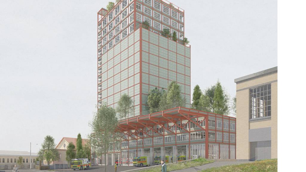So soll das Hochhaus für Wache West und Stadtarchiv auf dem ehemaligen Centravo-Areal beim Schlachthof in Zürich aussehen. (Visualisierung)