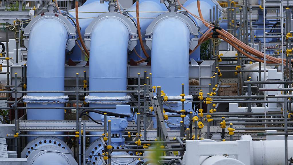 Eine blaue Pipeline für den Transport von Meerwasser, die Teil der Anlage für die Ableitung von aufbereitetem radioaktivem Wasser aus dem Kernkraftwerk Fukushima Daiichi ins Meer ist. Foto: Hiro Komae/AP/dpa