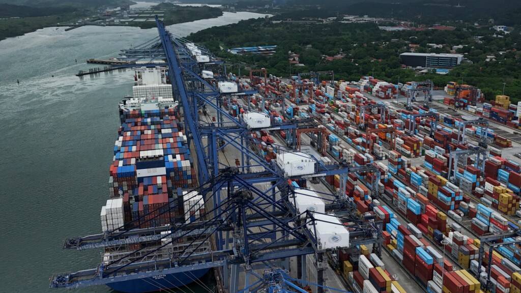 ARCHIV - Im Hafen von Balboa am Panamakanal laden und entladen Kräne Container von Frachtschiffen. Foto: Matias Delacroix/AP/dpa