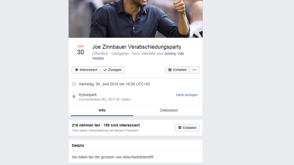 Die Einladung für die «Joe Zinnbauer Verabschiedungsparty» auf Facebook.