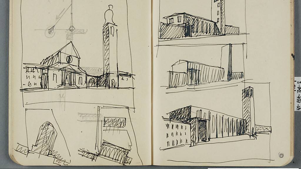 Die Skizzen von Karl Moser für die Antoniuskirche in Basel. Auf der linken Seite ist ein erster Entwurf, auf der rechten ein weiterer - der dem tatsächlich gebauten Gebäude näher kommt.