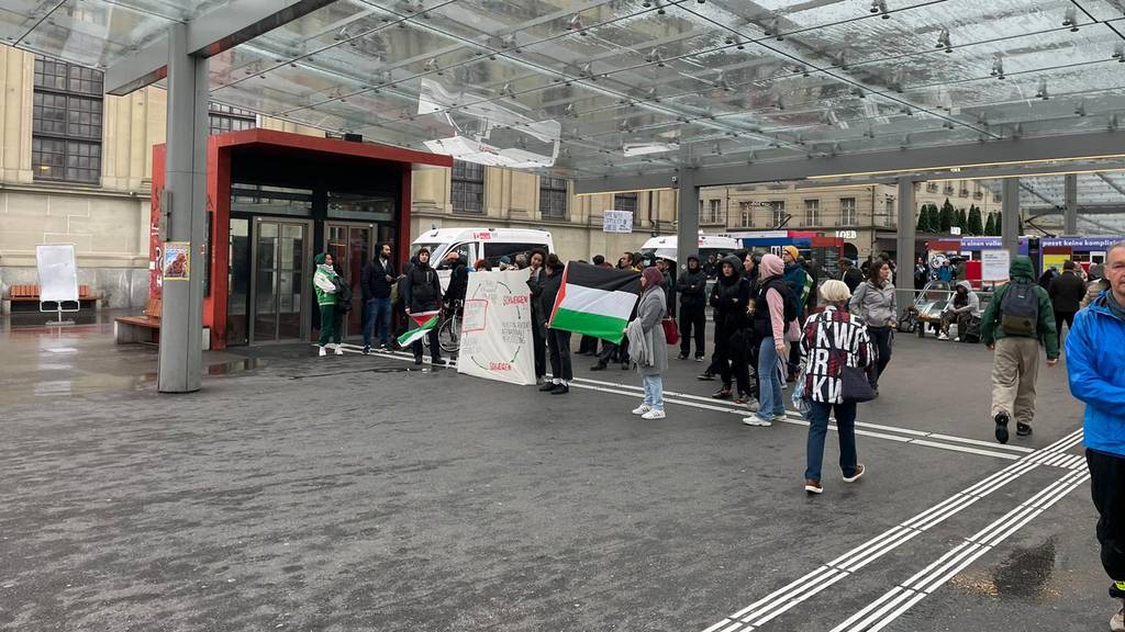 Am Freitag gab es am Bahnhof Bern eine Pro-Palästina-Demo mit Transparenten und Lautsprechern.