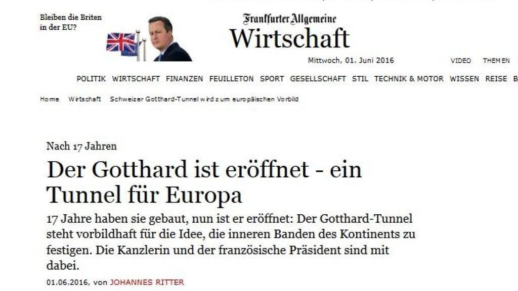 Mit Schlagzeilen wie diesen rühmen ausländische Zeitungskommentatoren die Schweiz für ihren neuen Tunnel - und üben gleichzeitig Selbstkritik.