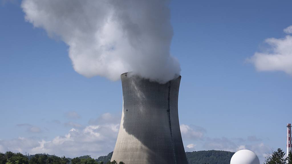 Runder Reaktorblock und Kühlturm mit Dampfwolke beim Kernkraftwerk Leibstadt AG. (Archivbild)