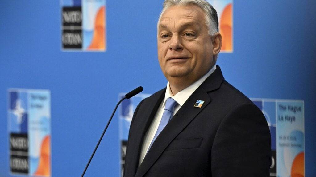 ARCHIV - Der ungarische Ministerpräsident Viktor Orban spricht bei seiner Ankunft zum Treffen des Nordatlantikrats während des NATO-Gipfels. Foto: Emmi Korhonen/Lehtikuva/dpa
