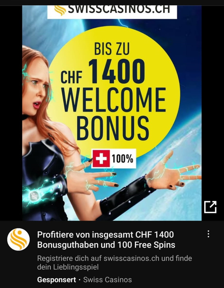 Eine typische Werbung für Schweizer Online Casino, wie sie auf Youtube angezeigt wird.