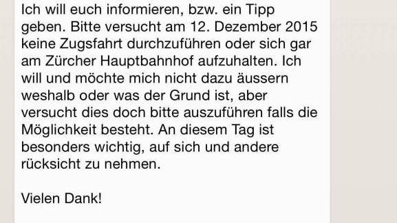 Diese WhatsApp-Nachricht warnt vor einem Anschlag in Zürich.