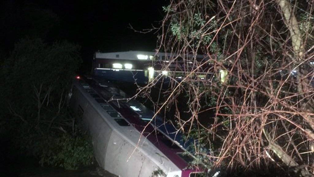 Wegen eines umgestürzten Baums entgleiste ein Zug nahe Sunol in Kalifornien - ein Waggon kam in einem Fluss zum Stehen.