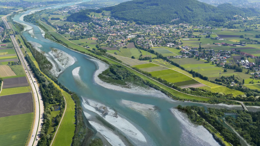 Rhesi-Visualisierung zur Frutzmündung: So soll der Rhein bei Koblach-Oberriet künftig fliessen – aufgeweitet auf eine Breite von fast 400 Meter.