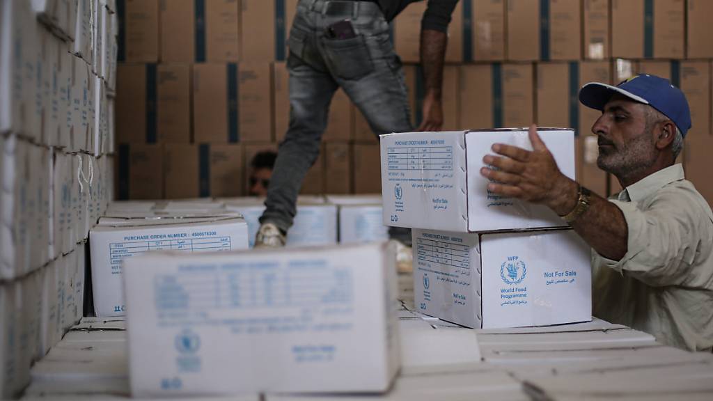 ARCHIV - Zwei Syrer räumen humanitäre Hilfsgüter des Welternährungsprogramms ein. Foto: Anas Alkharboutli/dpa