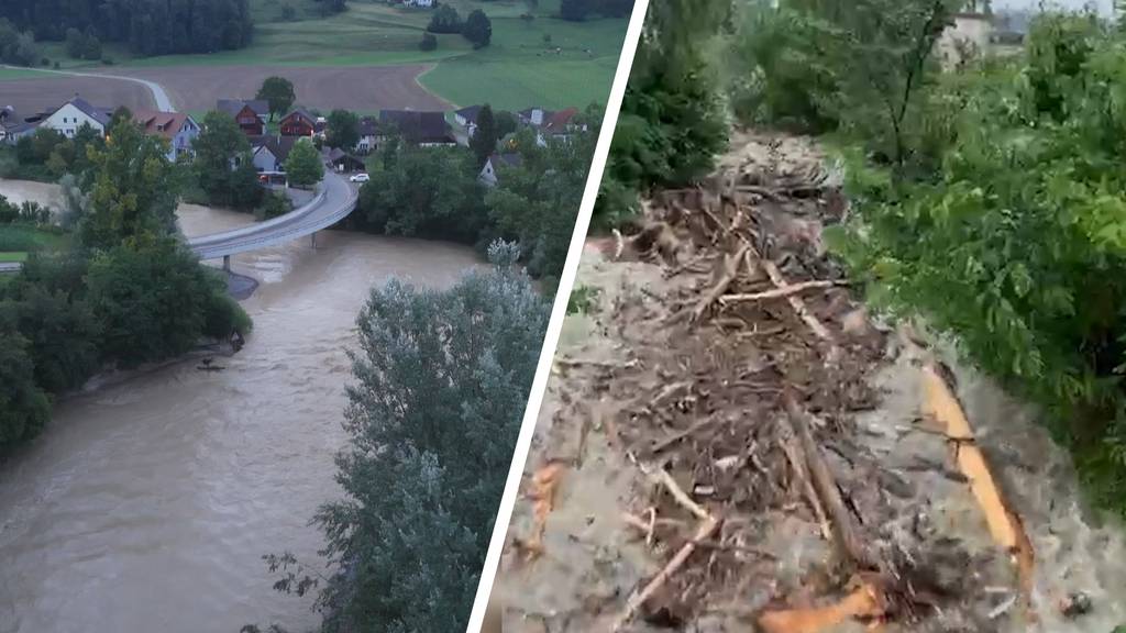 Flusspegel steigen nach Unwetter rasant an – massenweise Holz kommt die Steinach runter