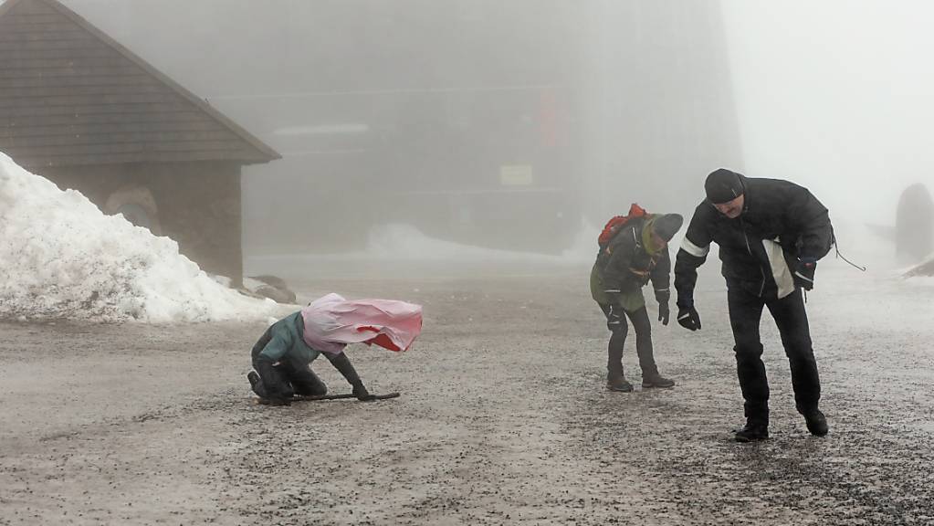 Menschen kämpfen sich im Harzgebirge gegen Sturmböen vor. Das Sturmtief «Ylenia» hat in der Nacht zum Donnerstag auch Teile der Schweiz erreicht.