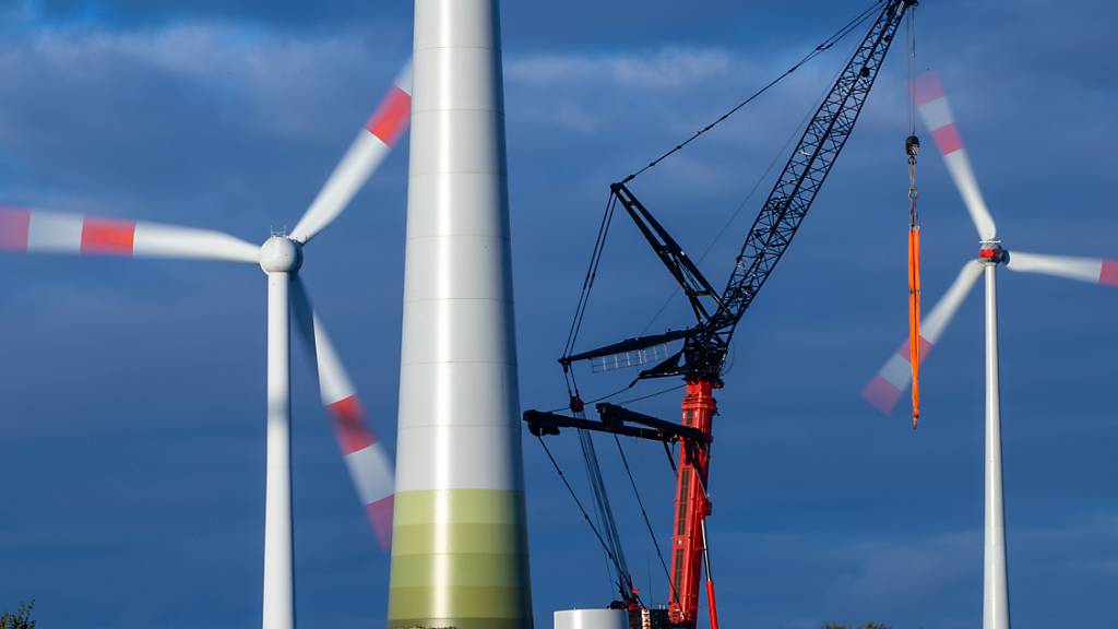 ARCHIV - Der Turm für eine neue Windkraftanlage wird in einem bestehenden Windpark in der Nähe von Wismar errichtet. Foto: Jens Büttner/dpa-Zentralbild/dpa