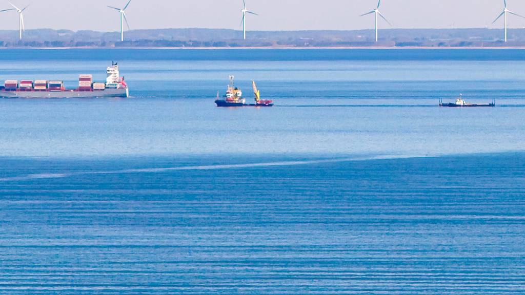 Das Schiff «Fortuna B» (M.) zieht am Mittag vor Fehmarn die Barge mit dem gestrandetem Wal (Luftaufnahme mit einer Drohne). Foto: Bodo Marks/dpa