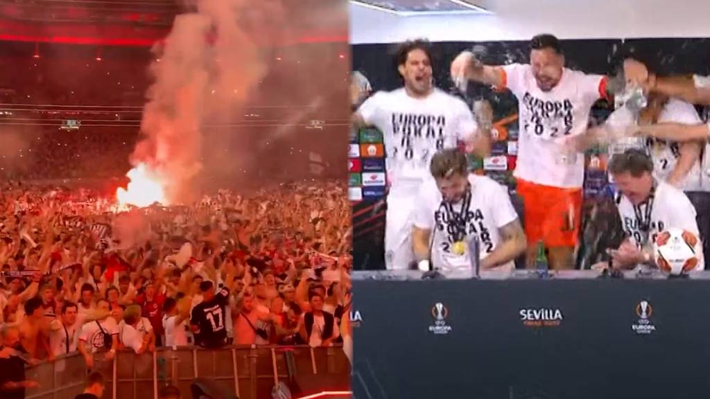 Fans in Ekstase und Bierdusche während Pressekonferenz: Eintracht Frankfurt ist Europa League Sieger
