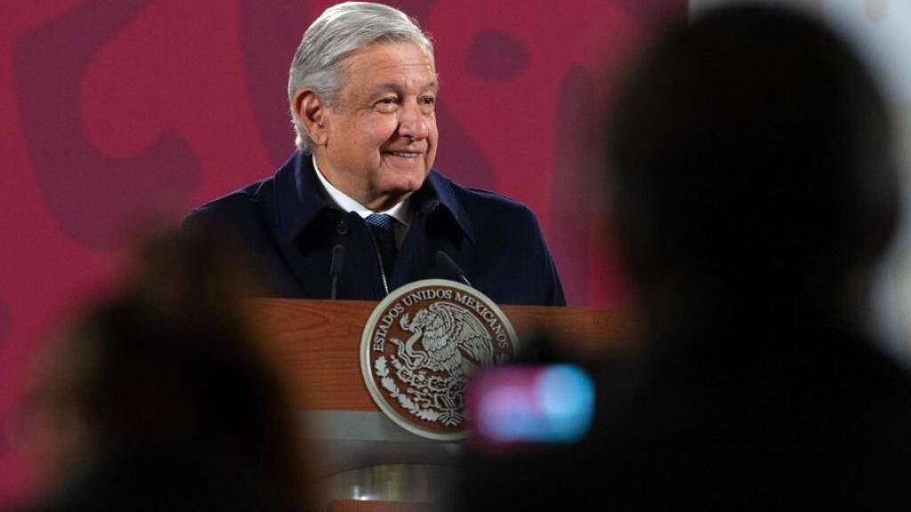 HANDOUT - Andres Manuel Lopez Obrador, Präsident von Mexiko, auf seiner täglichen Pressekonferenz. Foto: ---/Presidencia Mexico/dpa - ACHTUNG: Nur zur redaktionellen Verwendung und nur mit vollständiger Nennung des vorstehenden Credits