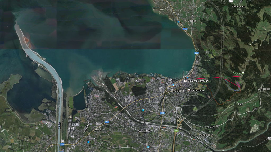 Luftbild von Bregenz mit der Einmündung der Bregenzer Ache.