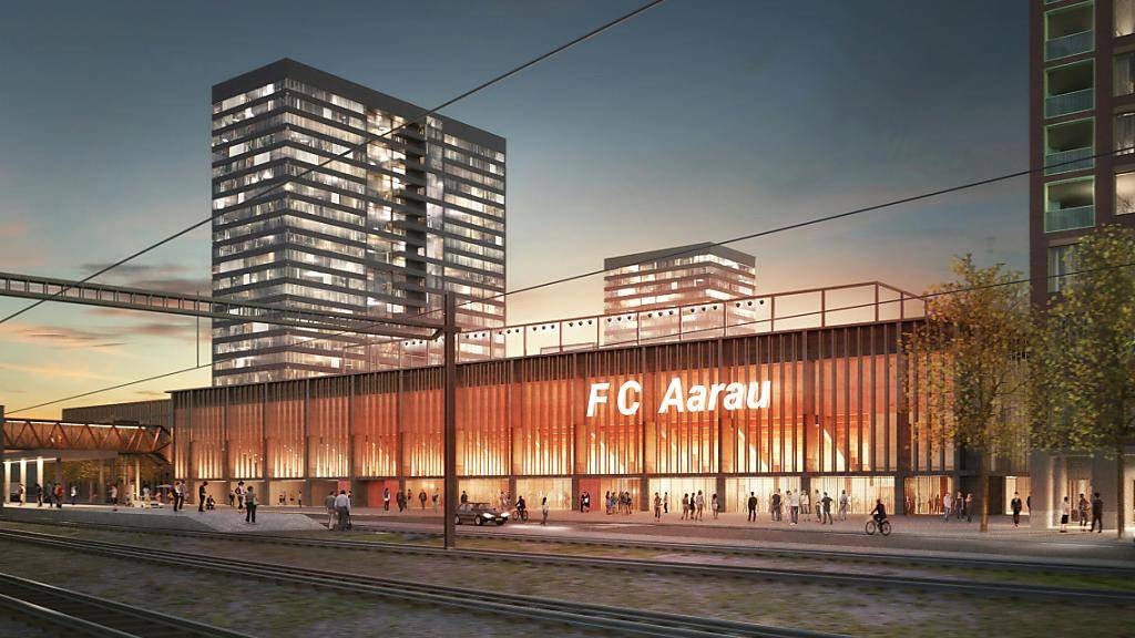 So könnte es aussehen: Das neue Fussballstadion in Aarau mit insgesamt vier Hochhäusern. Noch hat das Projekt nicht alle Hürden übersprungen.