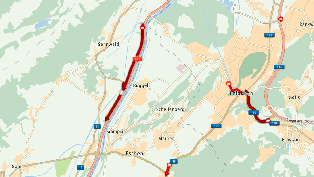 Wegen eines Unfalls staut es am Montagmorgen auf der A13 in Richtung Chur.