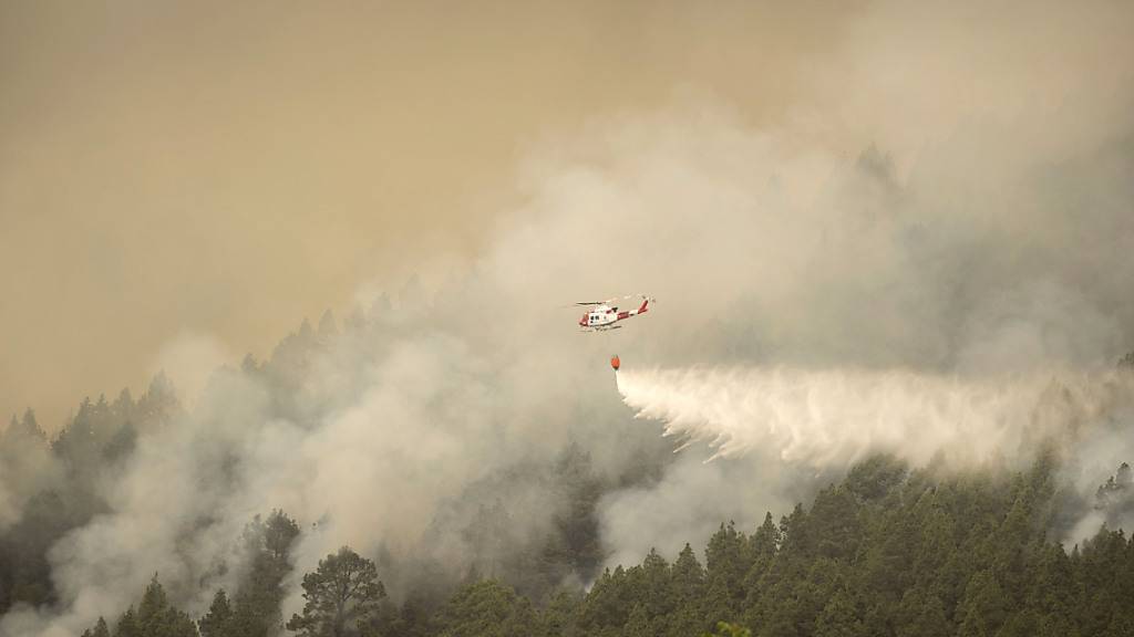 dpatopbilder - Ein Hubschrauber überfliegt einen Brand am Stadtrand während eines Löscheinsatzes. Feuerwehrleute versuchten, den Waldbrand unter Kontrolle zu bringen. Die seit der Nacht zum Mittwoch im Nordosten der Insel wütenden Flammen erfassten bisher nach der jüngsten amtlichen Bilanz knapp 3800 Hektar Natur. Foto: Arturo Rodriguez/AP