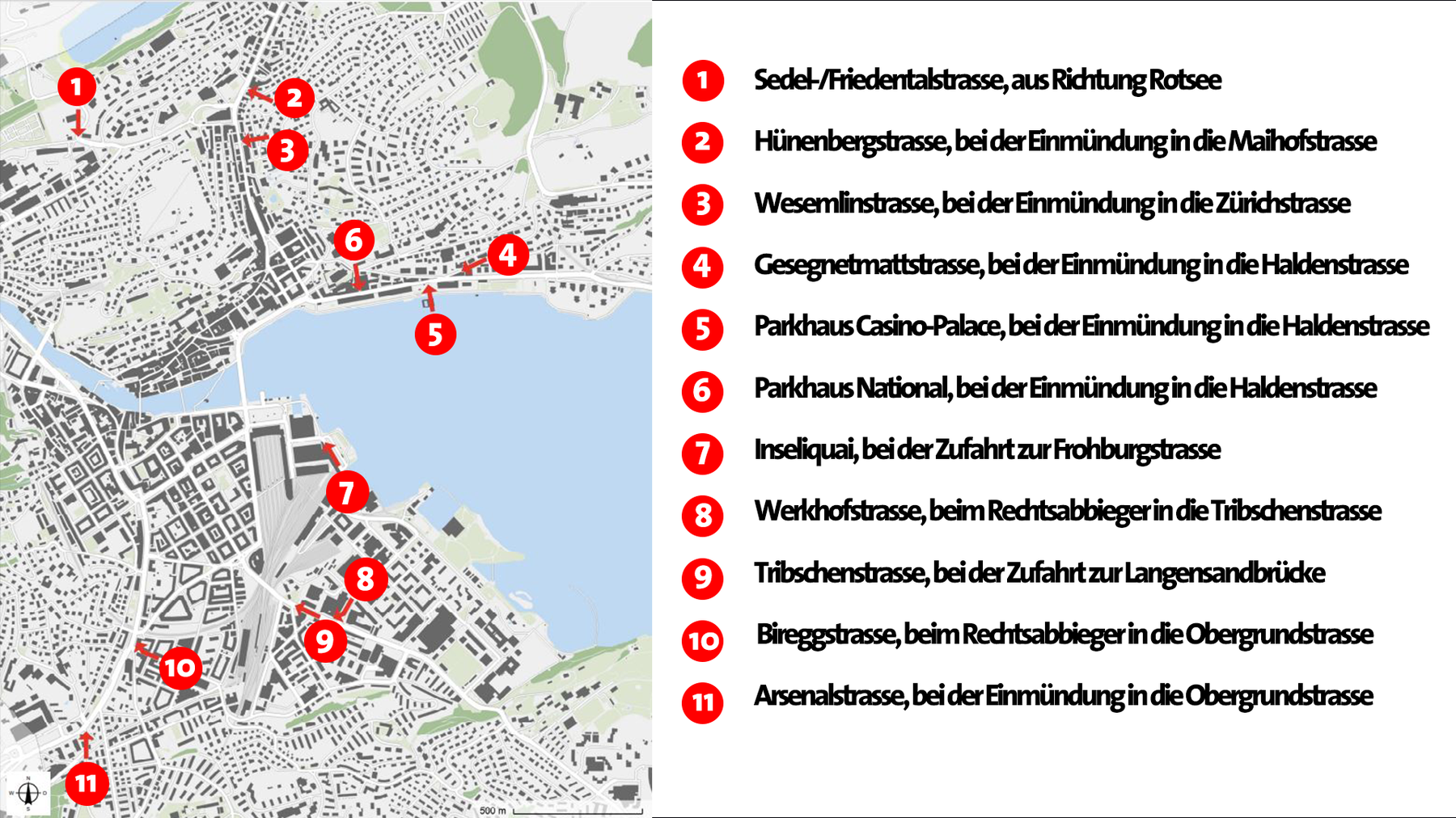 Die Standorte der elf neuen Dosierungsampeln in der Stadt Luzern.