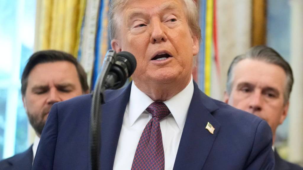 dpatopbilder - US-Präsident Donald Trump spricht über die Verlegung des Hauptquartiers des US-Weltraumkommandos von Colorado nach Alabama im Oval Office des Weißen Hauses. Foto: Mark Schiefelbein/AP/dpa