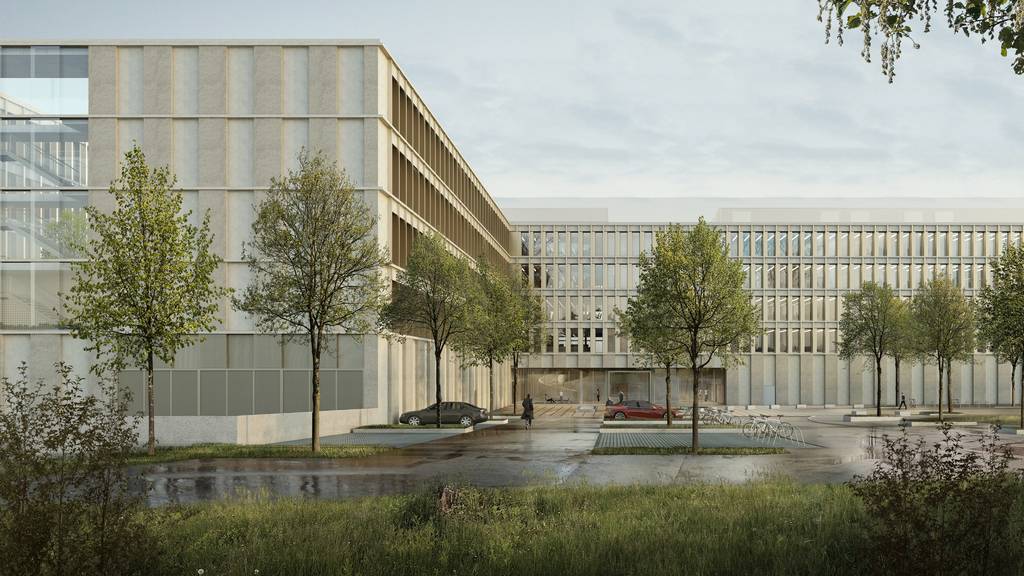 So soll der Haupteingang des geplanten Polizeizentrums in Niederwangen aussehen.