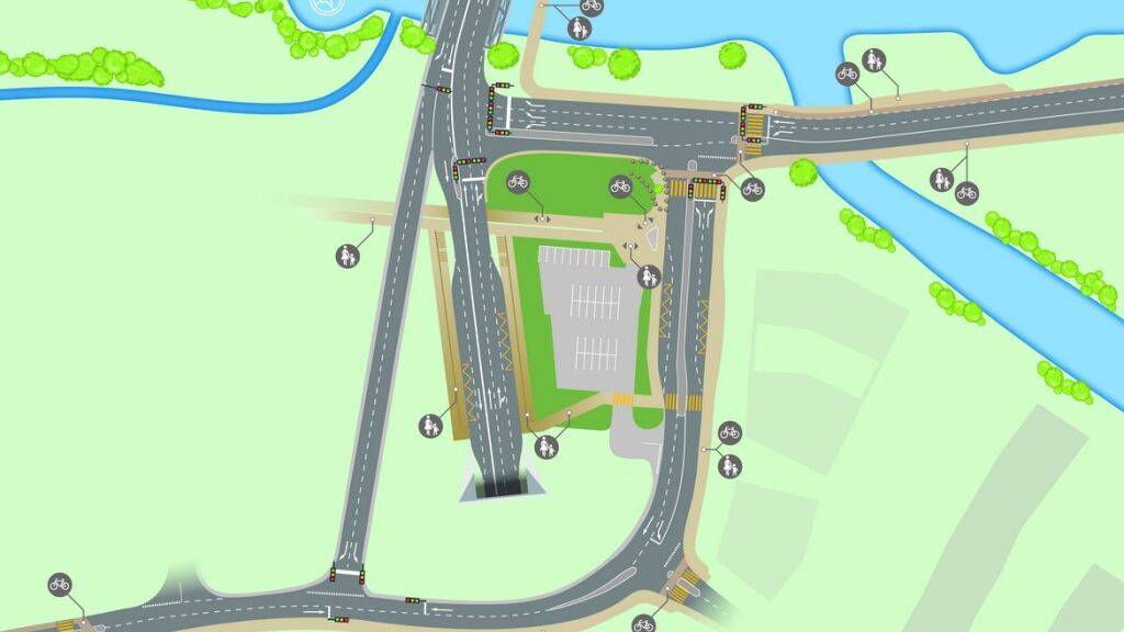 Bei der neuen Strasse handelt es sich um den geraden Abschnitt, der von der Reussbrücke links an der Tunneleinfahrt vorbeiführt.