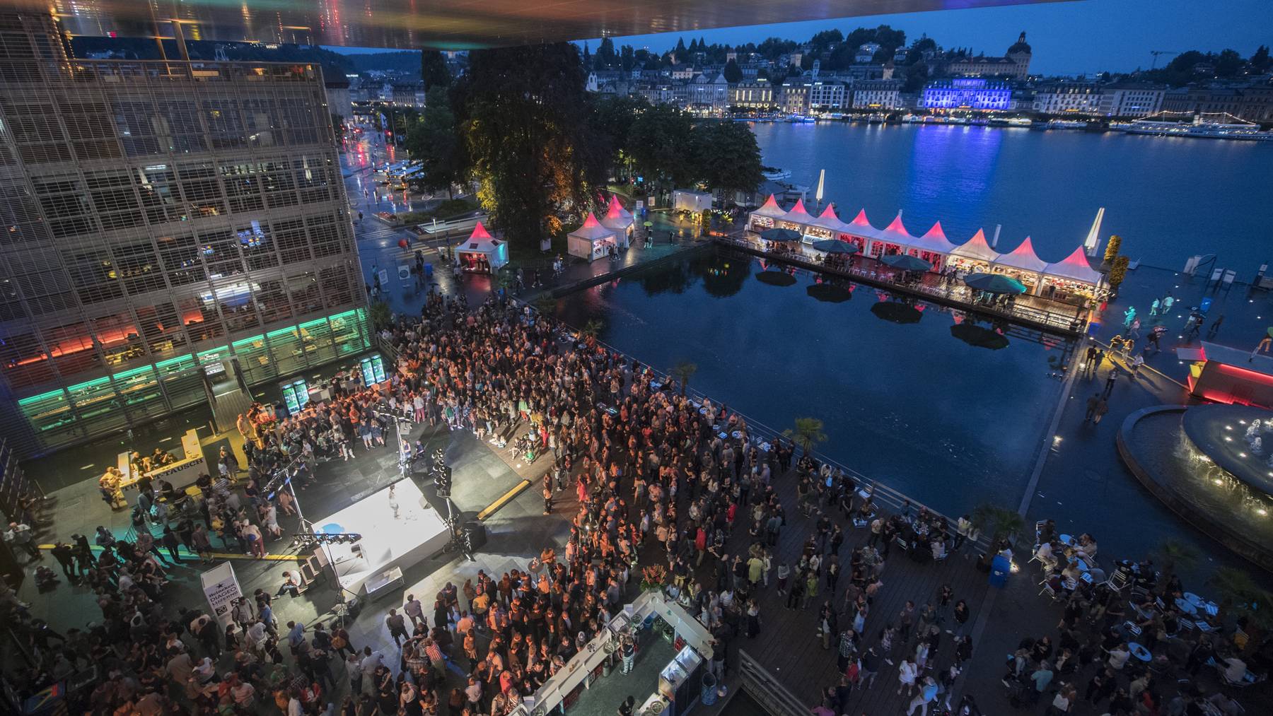 The Festival Plaza at the KKL on the Blue Balls Festival in Lucerne, Switzerland, Friday July 20, 2018. The music event runs from 20 to 20 July. // Blue Balls Festival Luzern