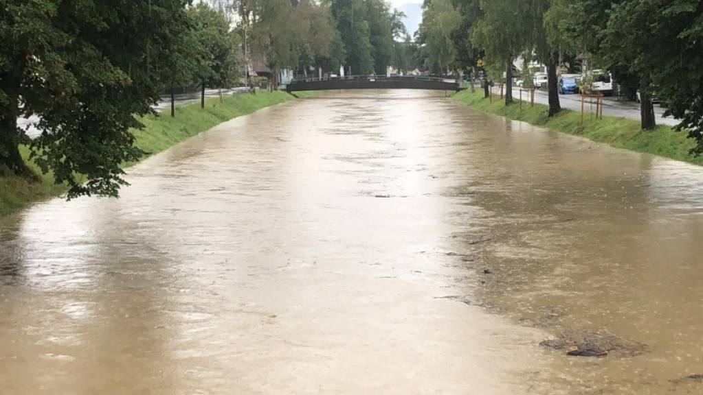 Im Kanton St. Gallen beschäftigten die Regenfälle die Feuerwehren. Sie wurden in rund 50 Gemeinden aufgeboten. Im Bild der Rheintaler Binnenkanal.