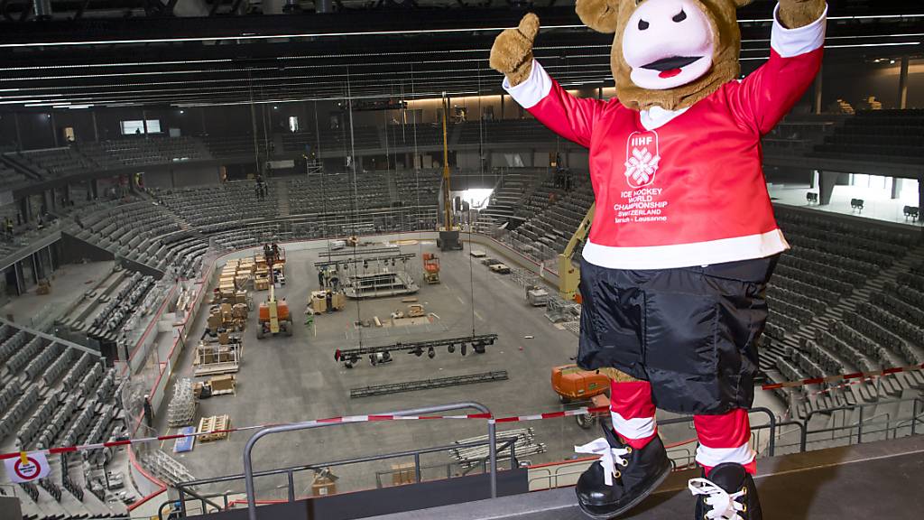 Das WM-Maskottchen «Cooly» in der neuen Arena in Lausanne