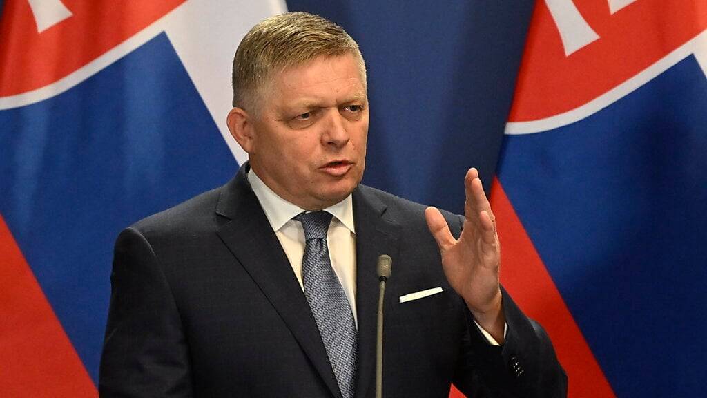 Robert Fico, Ministerpräsident der Slowakei, spricht bei einer gemeinsamen Pressekonferenz mit Viktor Orban, Ministerpräsident von Ungarn. Foto: Szilard Koszticsak/TASR/dpa