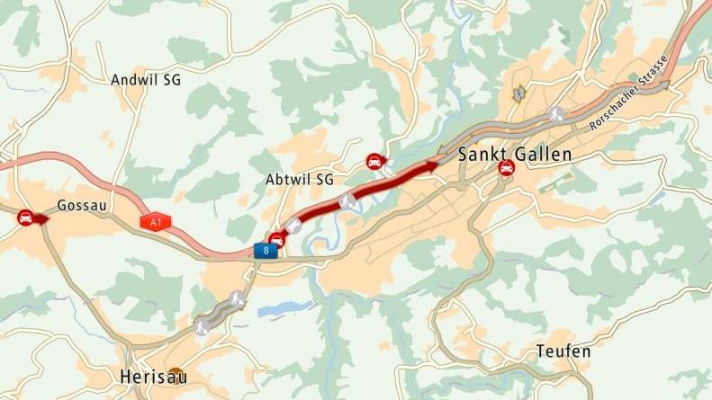 Es staut auf der Stadtautobahn A1 bei St.Gallen.