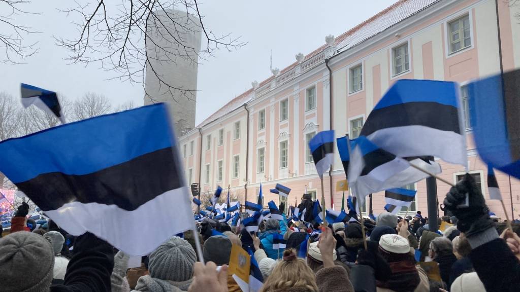 ARCHIV - Menschen versammeln sich bei Feierlichkeiten zum 105-jährigen Bestehen der Republik Estland vor dem «Langen Hermann», an dem die Blau-schwarz-weiße Nationalflagge gehisst wird. Foto: Alexander Welscher/dpa