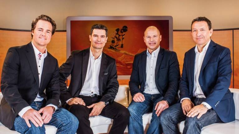 Kommentatoren der Herren-Rennen: Marc Berthod, Stefan Hofmänner, Marc Girardelli, Dani Kern (Bild: SRF/Valeriano Di Domenico)