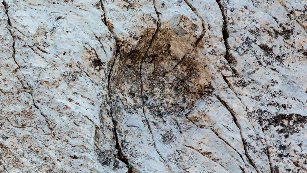 HANDOUT - Dieses vom Stelvio National Park zur Verfügung gestellte Foto zeigt einen Fußabdruck eines Prosauropoden aus der späten Trias, der im Fraele-Tal in Norditalien entdeckt wurde. Foto: Elio Della Ferrera/Stelvio National Park via AP/dpa - ACHTUNG: Nur zur redaktionellen Verwendung im Zusammenhang mit der aktuellen Berichterstattung und nur mit vollständiger Nennung des vorstehenden Credits
