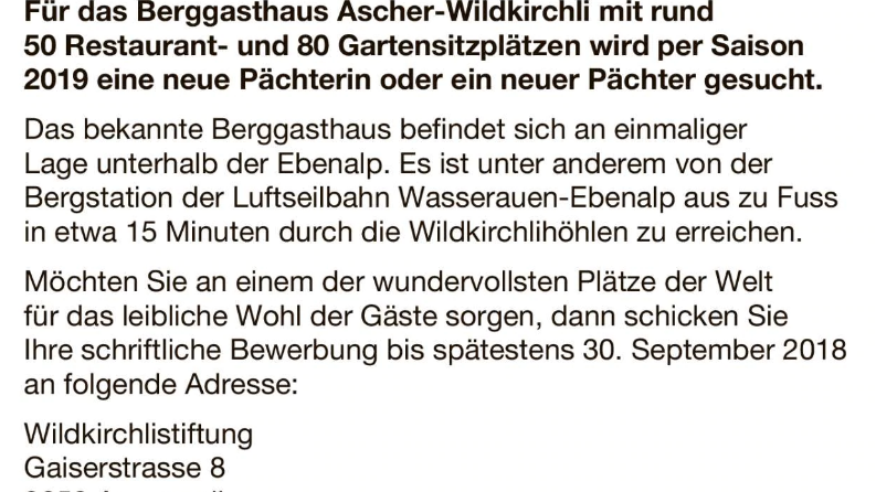 Mit diesem Inserat werden neue Äscher-Pächter gesucht. (Bild: Appenzeller Volksfreund)