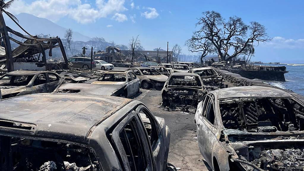 dpatopbilder - HANDOUT - Ausgebrannte Autos stehen nach einem Waldbrand in Lahaina, Hawaii. Die Szene in einem der touristischen Zentr Die Szene in einem der touristischen Zentren von Maui glich am Donnerstag einer Einöde: Häuser und ganze Häuserblocks lagen in Schutt und Asche, während Feuerwehrleute gegen den tödlichsten Brand der letzten Jahre in den USA kämpften. Foto: Tiffany Kidder Winn/via AP/dpa - ACHTUNG: Nur zur redaktionellen Verwendung und nur mit vollständiger Nennung des vorstehenden Credits bis zum 25. August 2023.